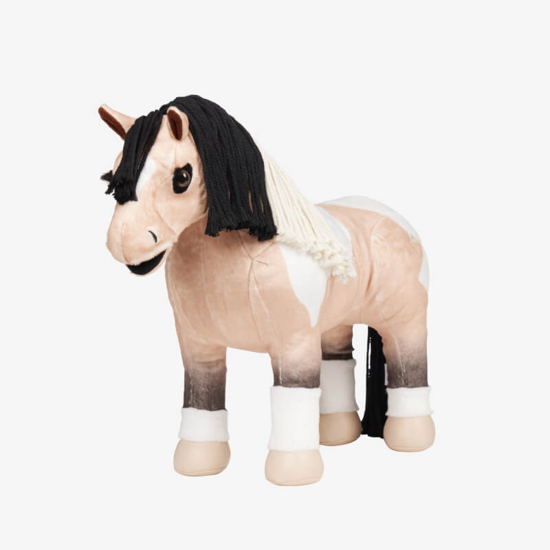 LeMieux Toy Pony Toby: beige body, white legs, black plaitable mane. Stands upright.