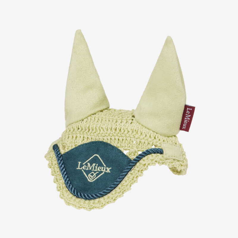 LeMieux Toy Pony Fly Hood Macaron, pale yellow, with logo patch, for miniature ponies.