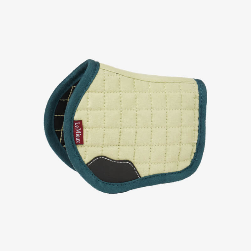 LeMieux Toy Pony Pad Macaron: yellow quilted pad with green trim and a brown patch.