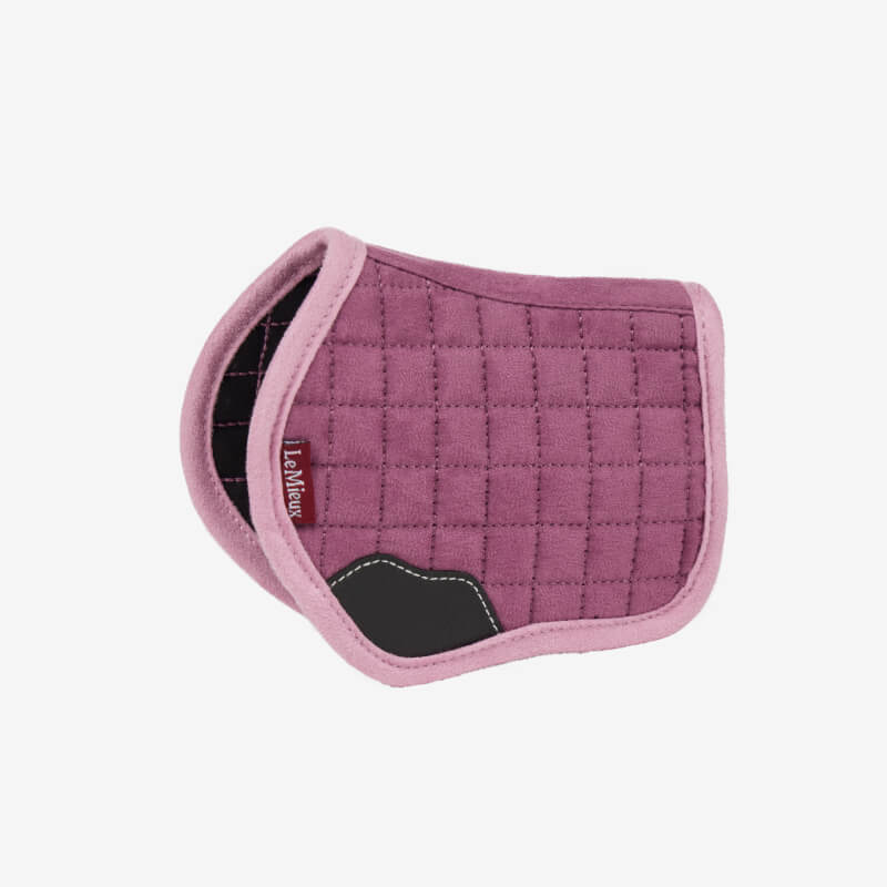 LeMieux Toy Pony Pad Mallow: purple quilted, pink trim, black patch on corner.