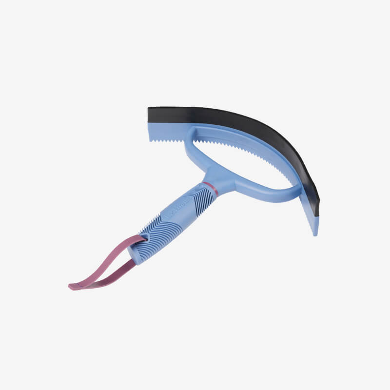 The LeMieux Sweat Scraper Powder Blue is a blue and pink grooming tool with a rubber blade.