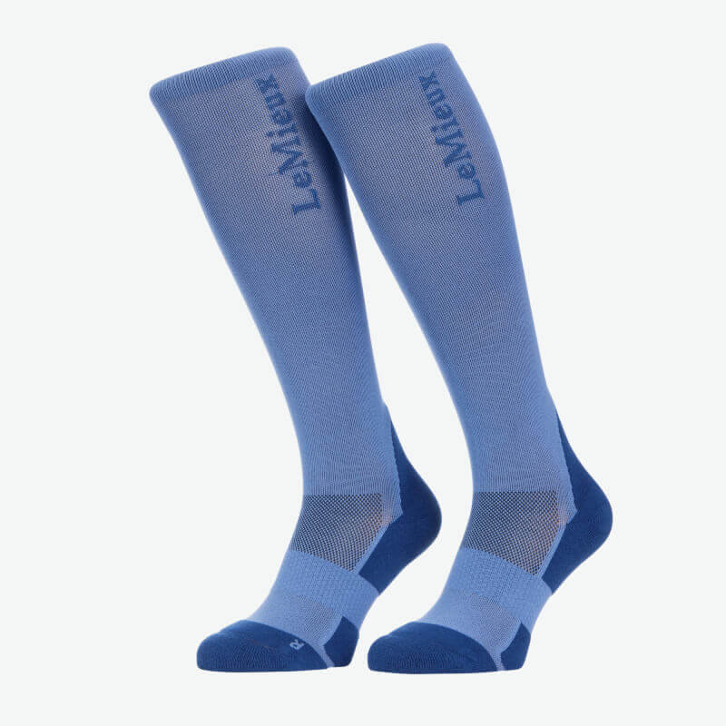 LeMieux Performance Socks Powder Blue, knee-high with LeMieux branding on top sides.