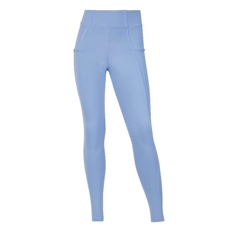 LeMieux Young Rider Orla Pull On Breech in powder blue with side pockets on white background.