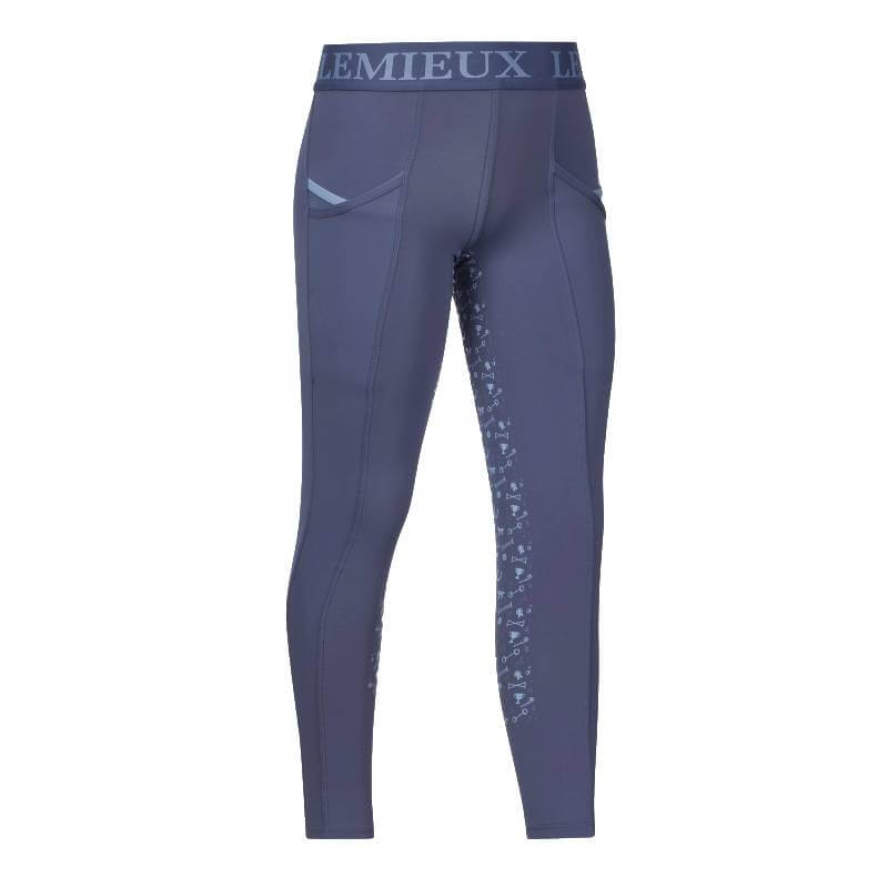 LeMieux Mini Pull On Breech Shadow leggings, sweat-wicking, with pockets, white backdrop.