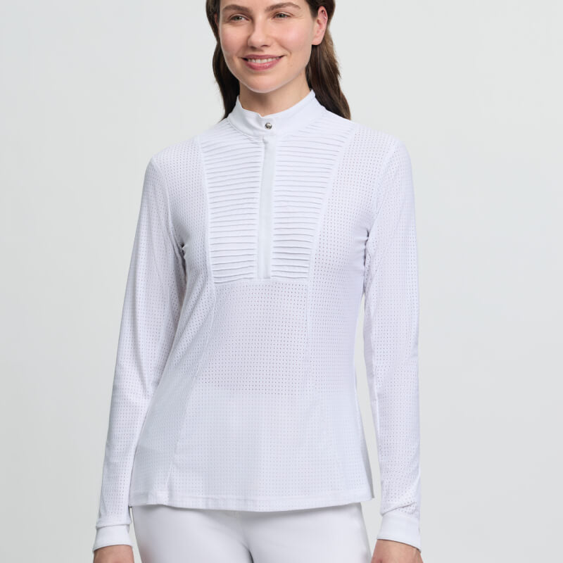 Smiling woman in LeMieux Arielle Long Sleeve Show Shirt White, breathable and pleated.