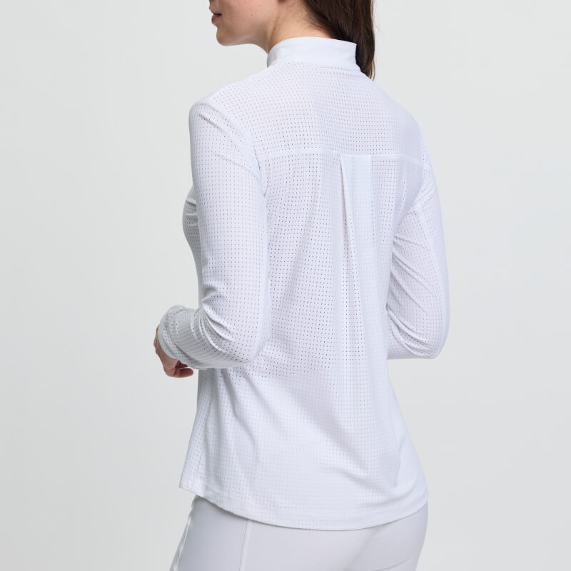 Woman wears LeMieux Arielle Long Sleeve Show Shirt White, seen from the back.