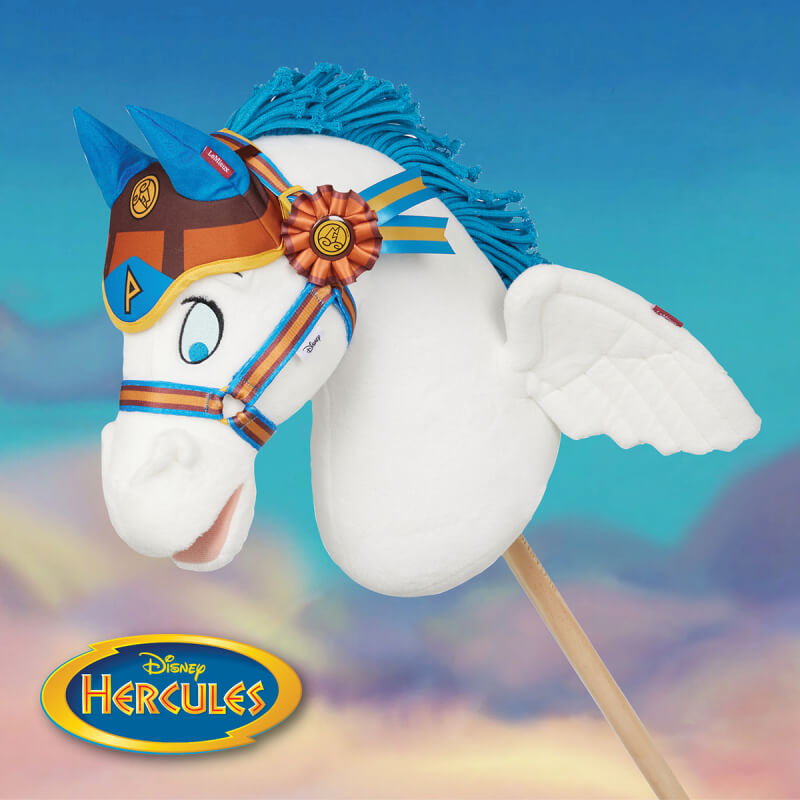 LeMieux Disney Hobby Horse Pegasus: white stick horse with wings, blue mane, Hercules logo.