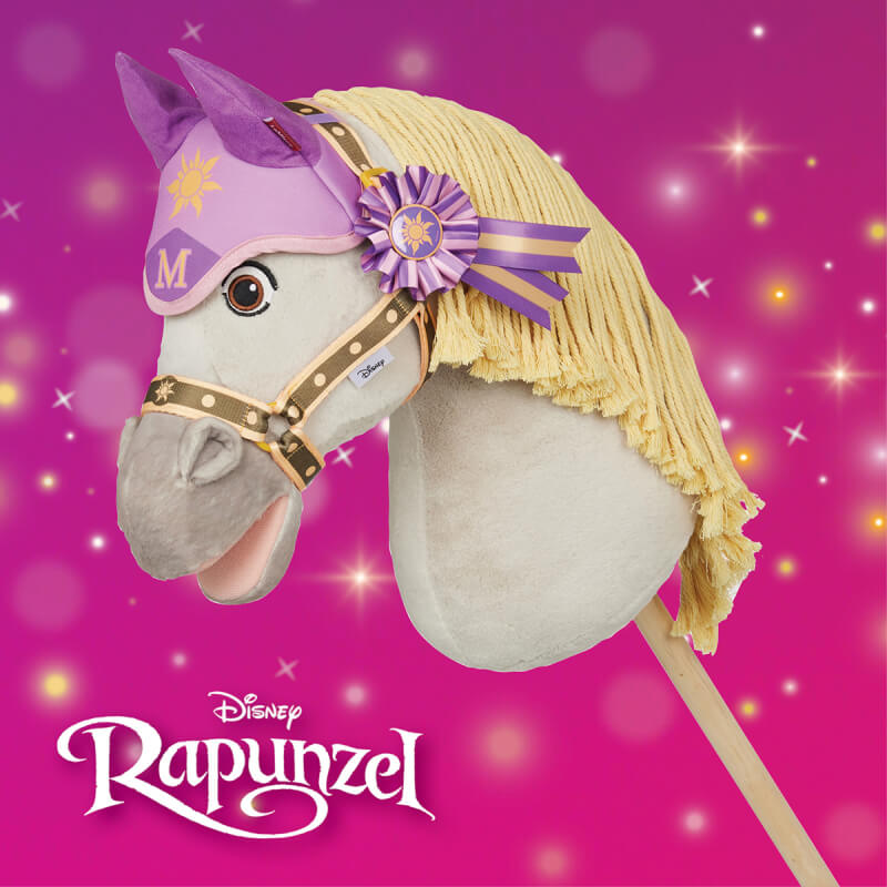 LeMieux Disney Hobby Horse Maximus with blonde mane, purple tack, on a pink star background.