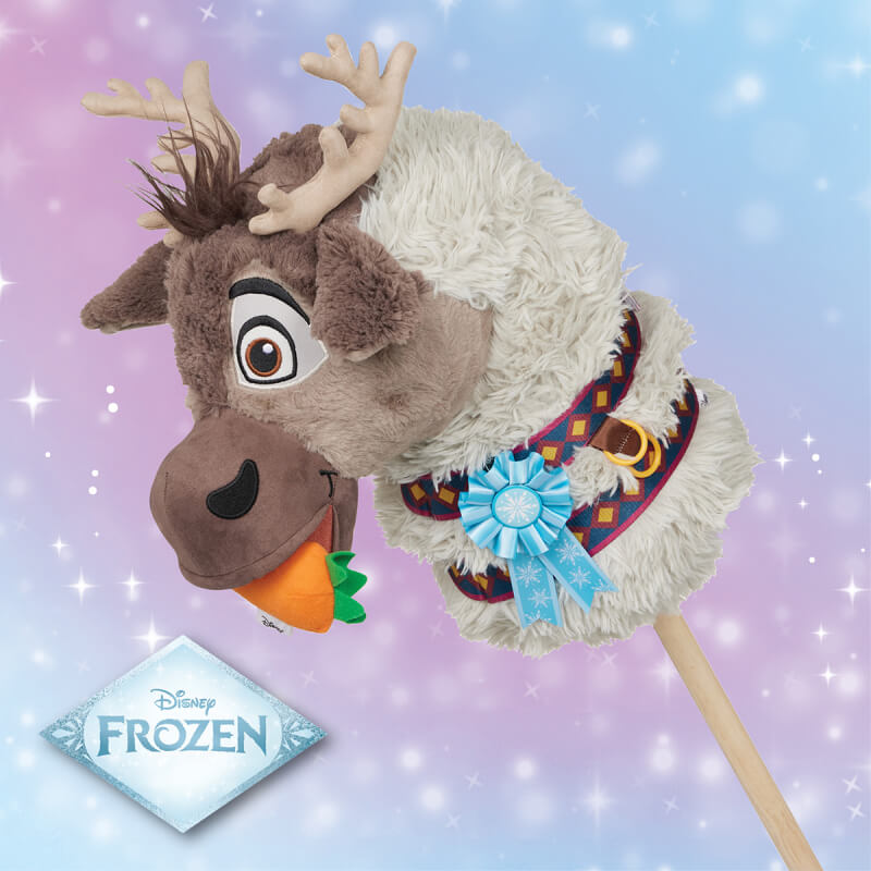 LeMieux Disney Hobby Horse Sven plush reindeer toy with carrot, blue ribbon, and Frozen logo.