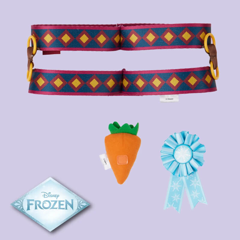 LeMieux Disney Sven set: Frozen belt, carrot plush, blue ribbon, reindeer harness, logo on purple.