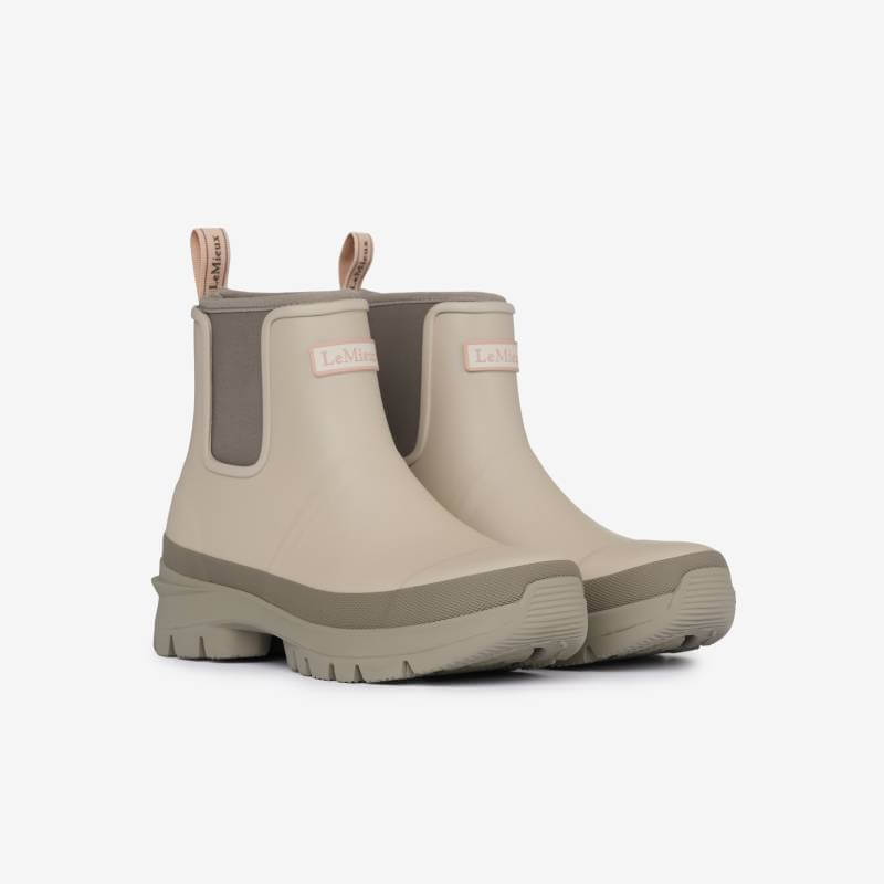 LeMieux Bramshaw Chelsea Welly Stone boots with gray soles and pull tabs, shown side by side.