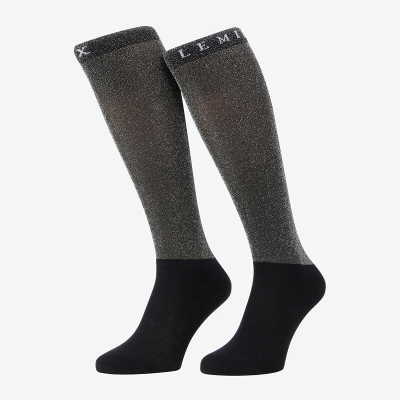 LeMieux Brilliance Competition Sock Black: knee-high socks with subtle shimmer and logo.