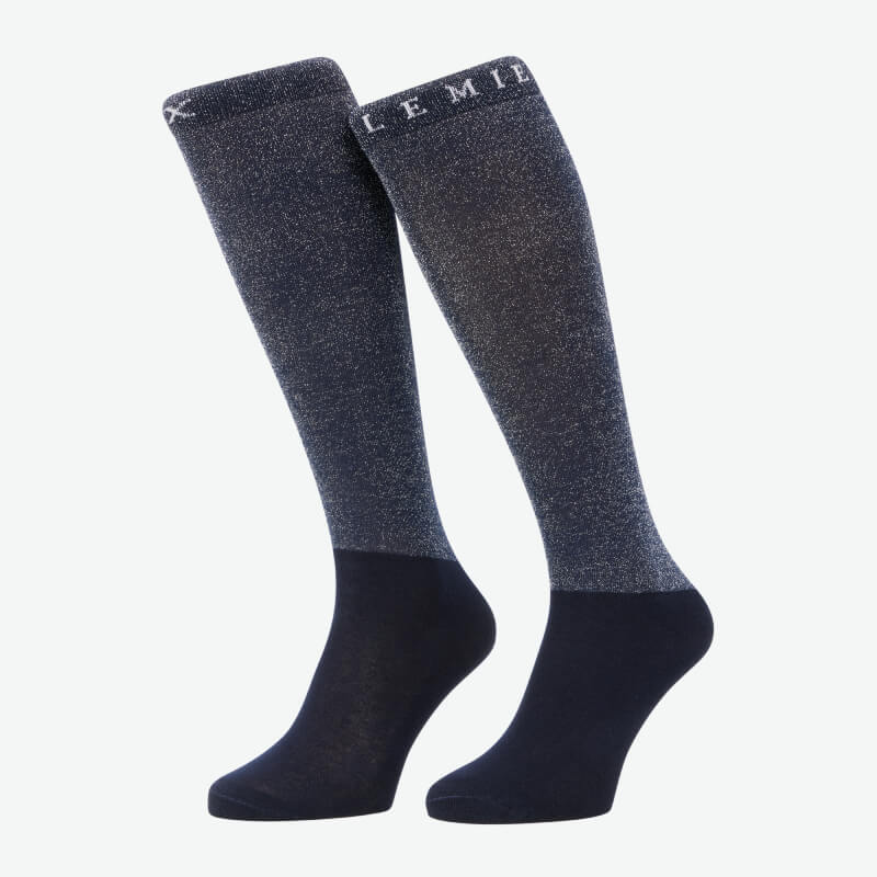 LeMieux Brilliance Competition Sock Navy with shimmery upper and text at the top.