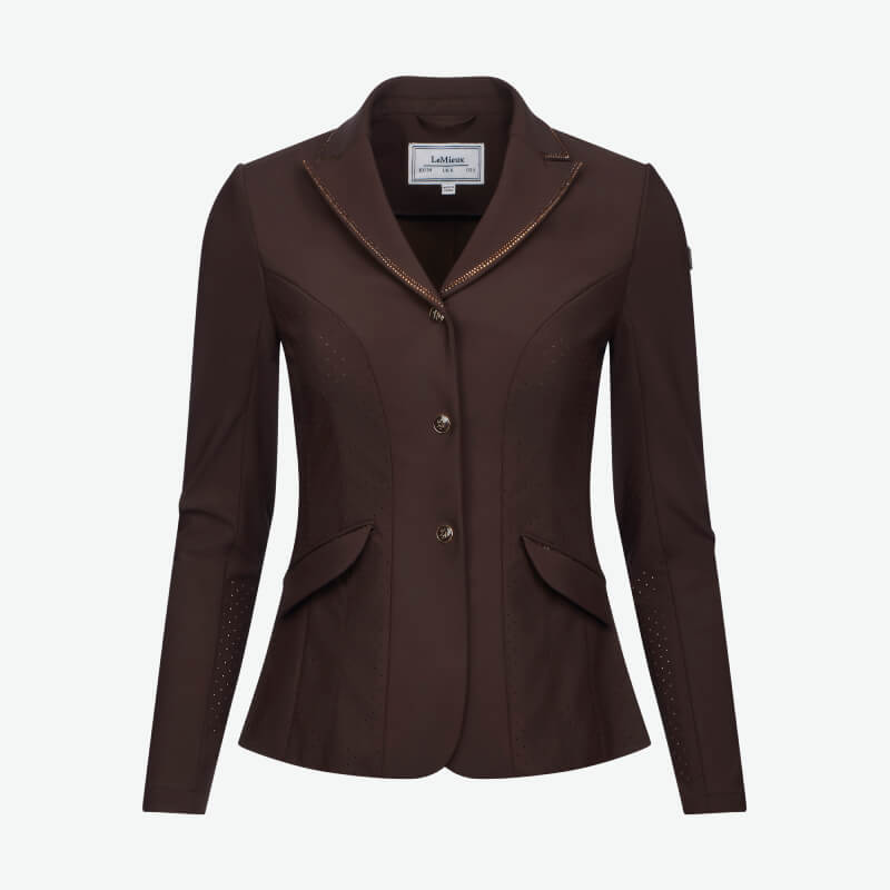 LeMieux Brilliance Diana Show Jacket Espresso: a dark brown tailored equestrian jacket.