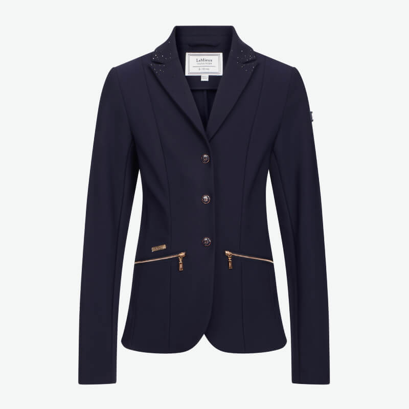 LeMieux Brilliance Junior Pro Show Jacket Navy with gold accents and a tailored, notched collar.