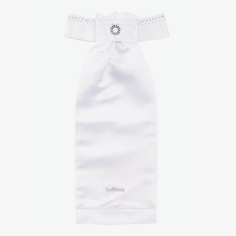 LeMieux Brilliance Stock White/Navy: Luxe satin with jeweled pin and subtle LeMieux logo.