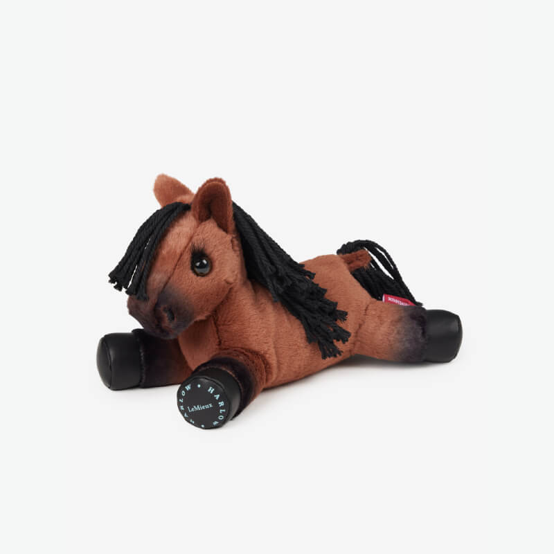 LeMieux Harlow Tiny Beanie Pony Rolo, plush brown horse with black mane and tail on white.