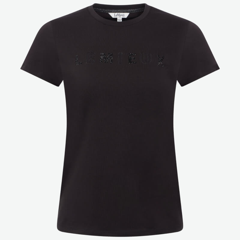 LeMieux Brilliance T-Shirt Black: short-sleeve, subtle chest text, moisture-wicking fabric.