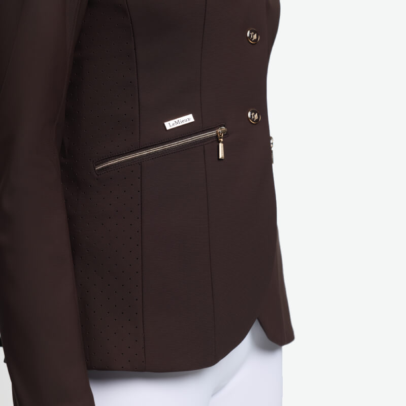 LeMieux Brilliance Junior Pro Show Jacket Espresso: brown fitted jacket with zip pocket.