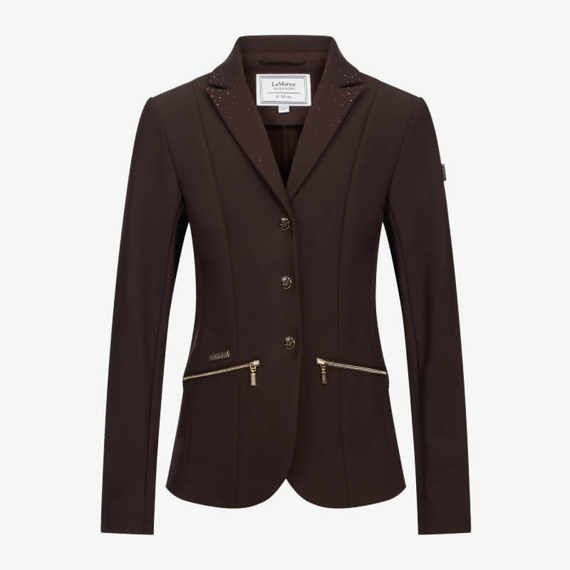 LeMieux Brilliance Junior Pro Show Jacket Espresso with gold zippers and three front buttons.