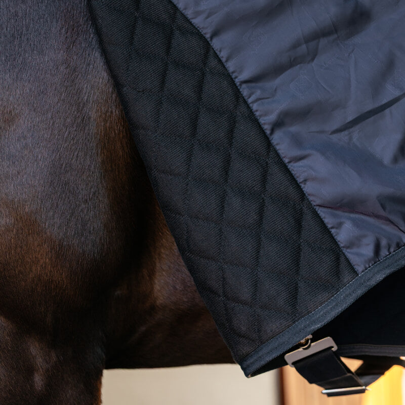 Close-up of a horse in the LeMieux Arika Clima-Tek Rug Navy with visible strap buckle.