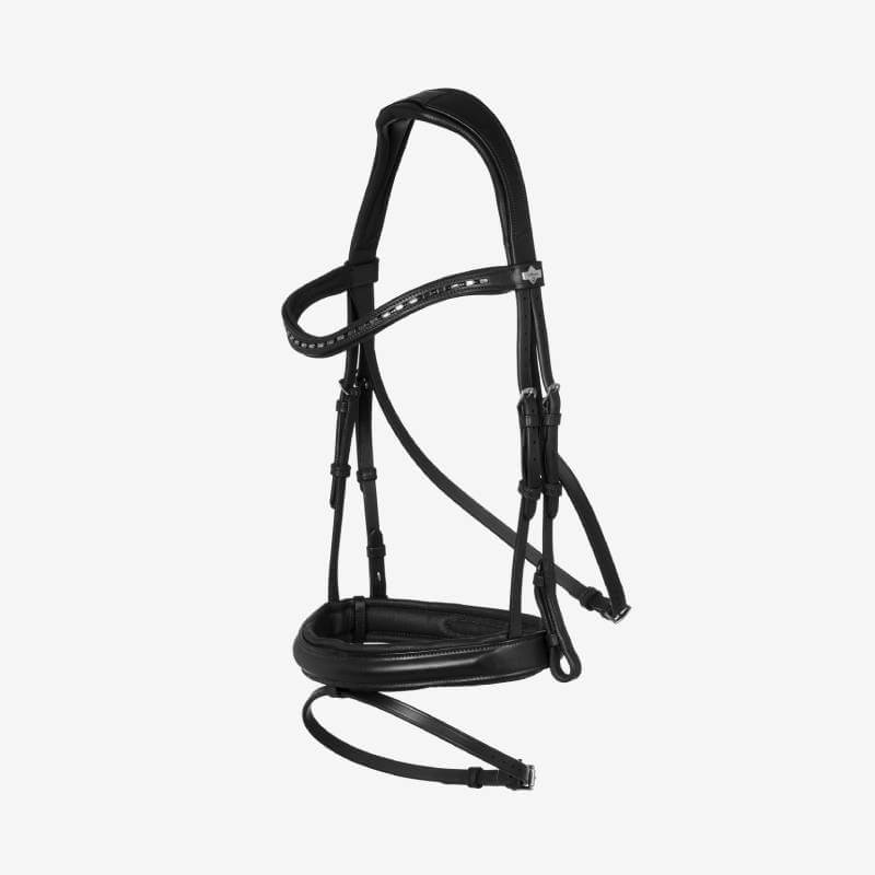 LeMieux Arika Anatomic Dressage Bridle in black/silver, shown on a plain white background.
