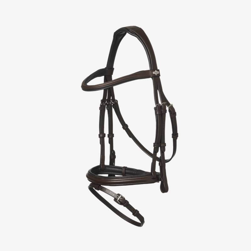 LeMieux Arika Flash Bridle in brown leather with silver buckles on a white background.