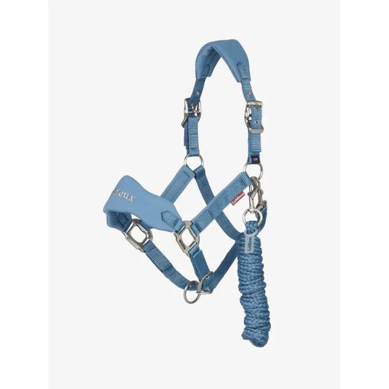 LeMieux Breakaway Vogue Headcollar Ice Blue with padded noseband and matching lead rope.