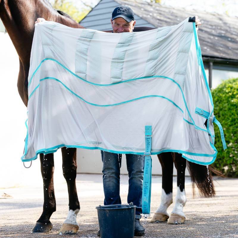 A black horse in a LeMieux Crystal Cooler Grey rug stands outside near a stable.