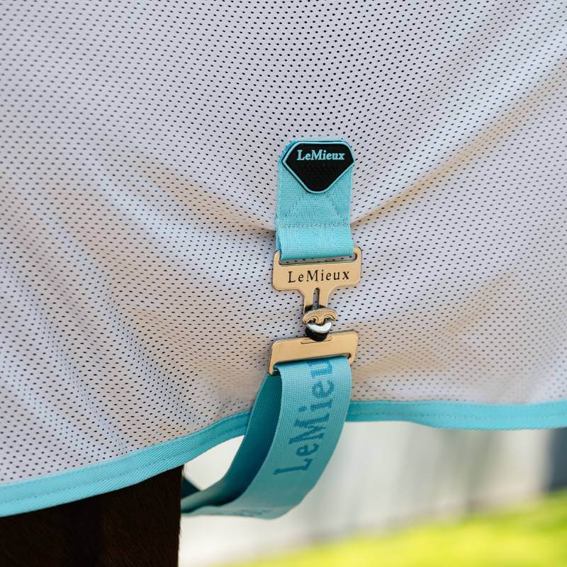 Close-up of a grey LeMieux Crystal Cooler rug buckle with breathable mesh.