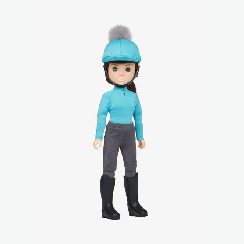 LeMieux Toy Rider Florence doll wears a blue helmet, blue top, grey pants, and black boots.