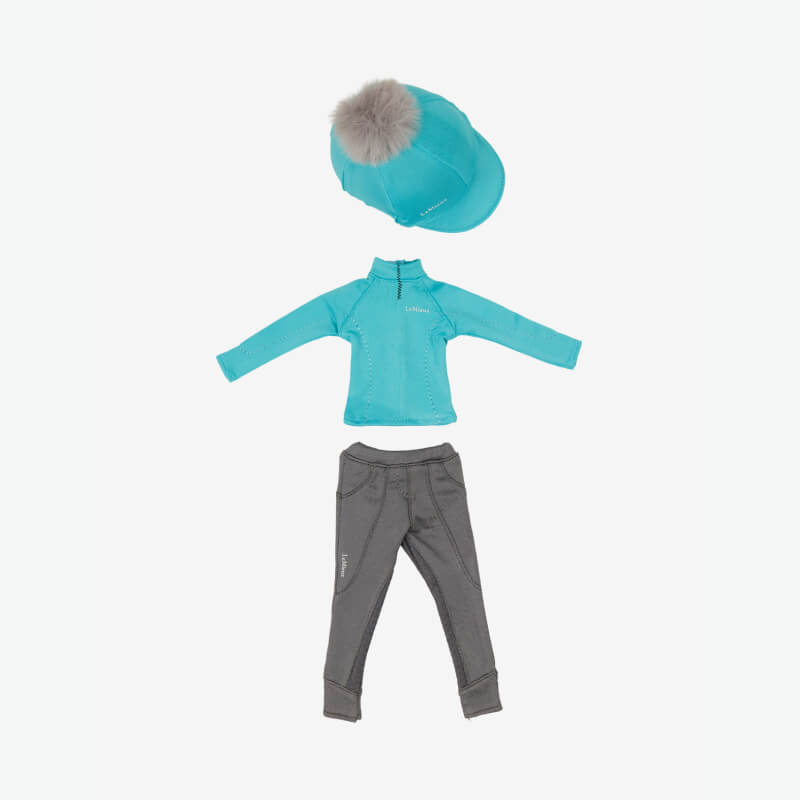 LeMieux Toy Rider Outfit Azure: teal hat, teal shirt, gray pants on a white background.