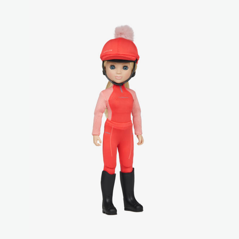 LeMieux Harlow Toy Rider Coral Crush in a coral outfit with pink helmet and black boots.