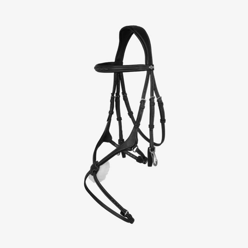 LeMieux Kudos Grackle Work Bridle Black with padded grackle noseband on white background.