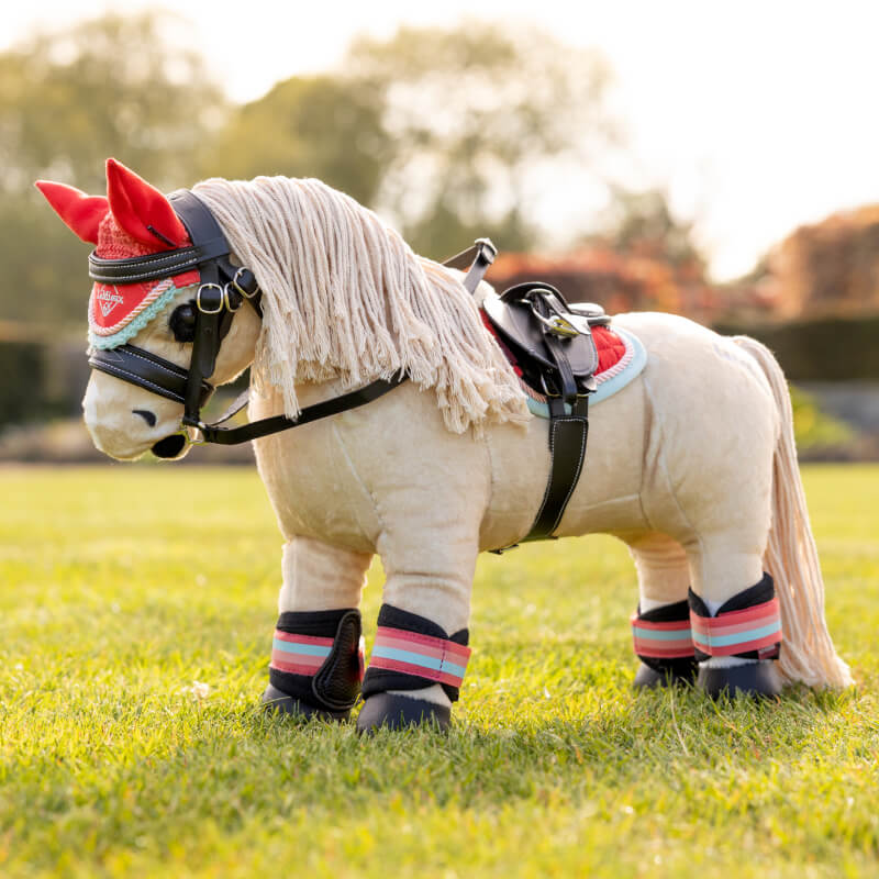 LeMieux Harlow Toy Pony Grafter Boots Coral Crush on a dog's legs, on lush green grass.