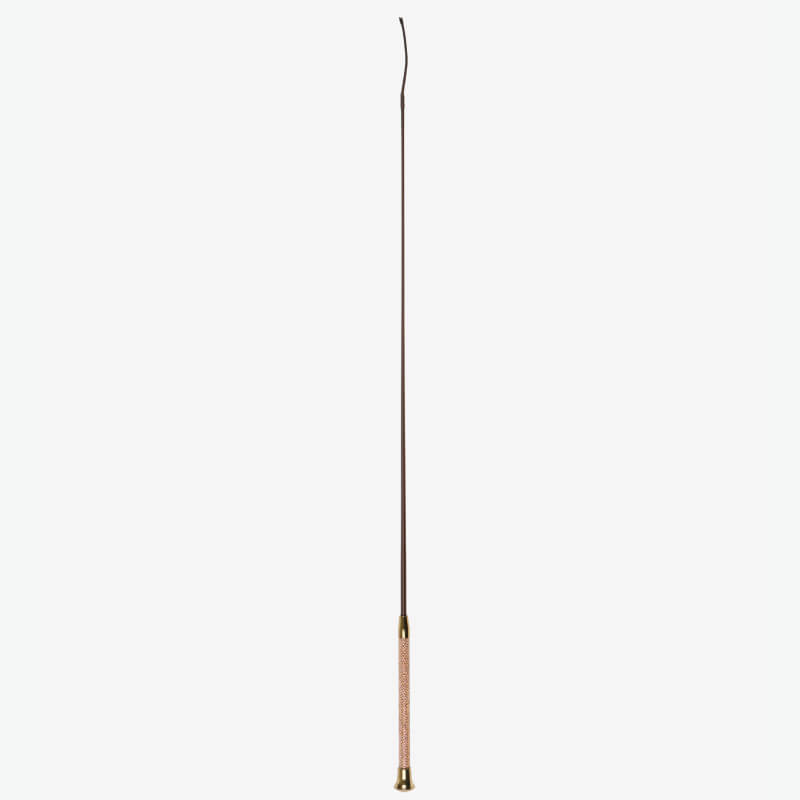 LeMieux Brilliance Schooling Whip Espresso: slim brown handle, gold tip, on white background.