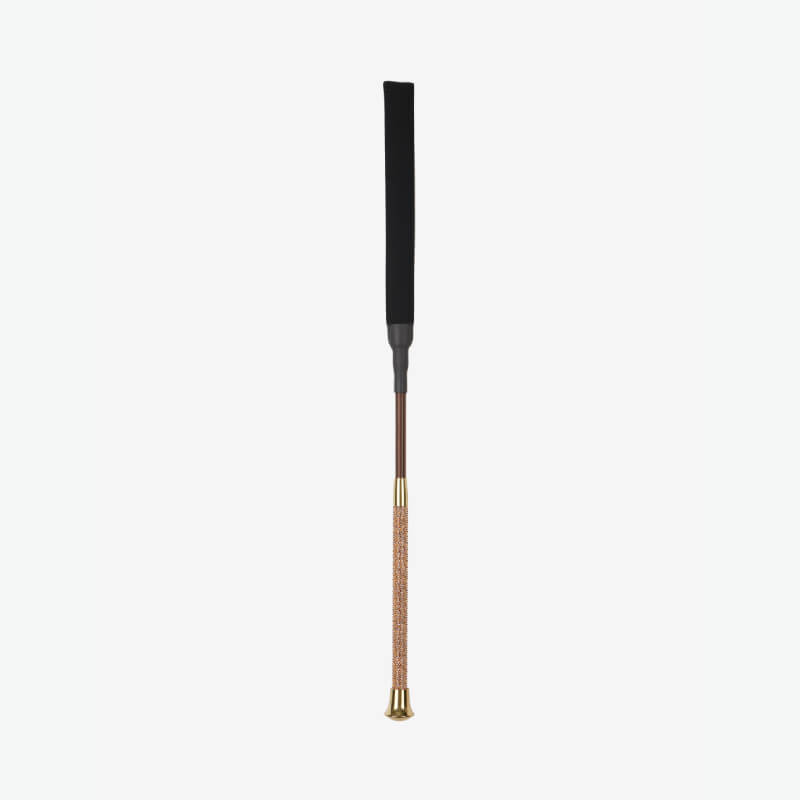 LeMieux Brilliance Baton Whip Espresso: black shaft, brown handle, gold accents, white bg.