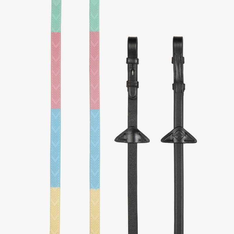 LeMieux Versa Grip Reins Spring Pastels: pastel color blocks, and black leather with triangles.