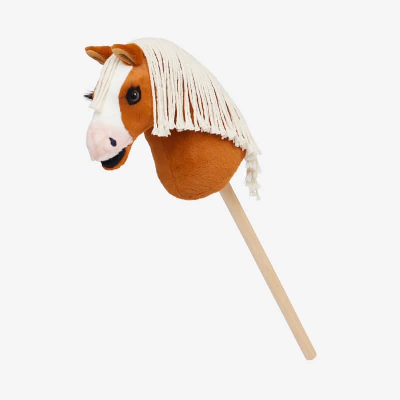 LeMieux Hobby Horse Mini Sundance: brown head, white yarn mane, wooden stick, white background.