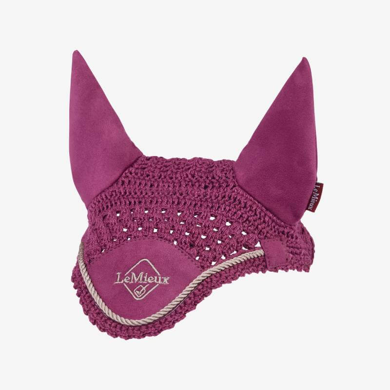 LeMieux Hobby Horse Fly Hood Blackberry with crochet design and two pointed ear covers.