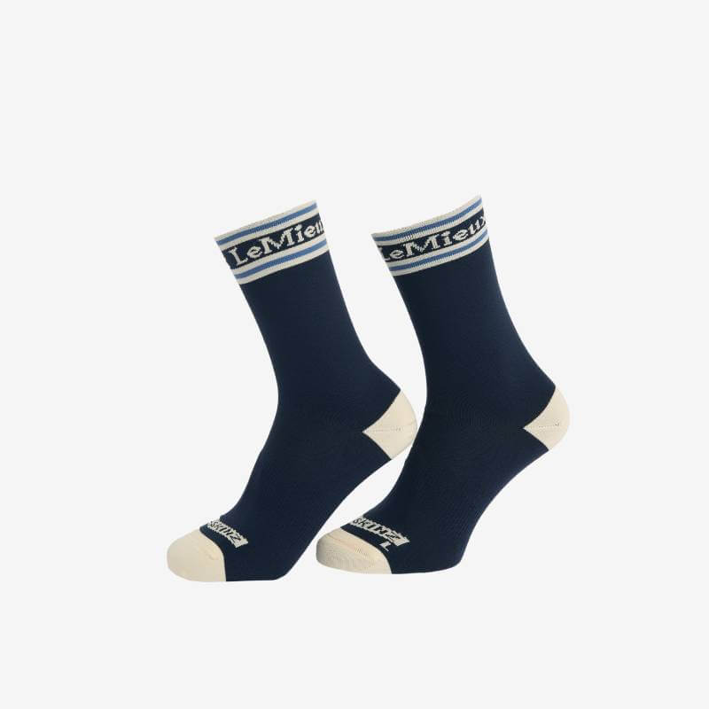 LeMieux x Sealskinz Anti-Blister Socks Navy with white toes, heels, and logo cuffs.