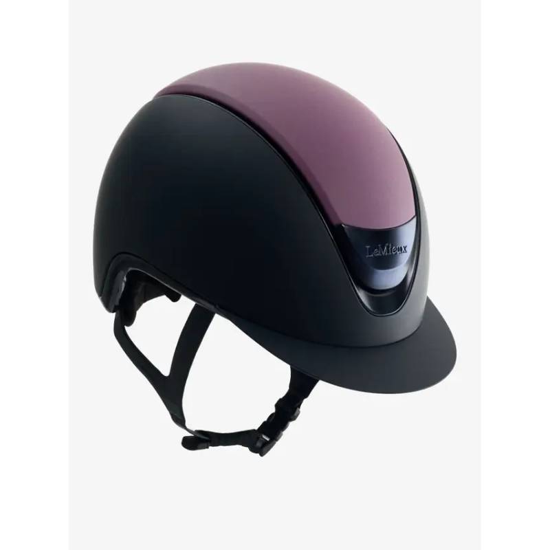 LeMieux Verv® Matte Mallow helmet in black/purple with magnetic panel and chin strap.