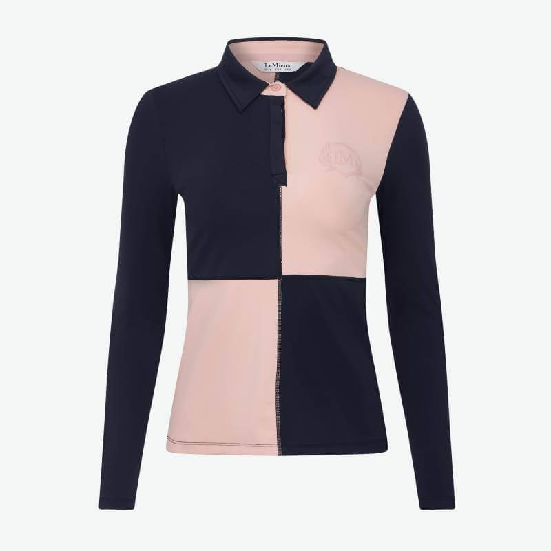 LeMieux Harlequin Rugby Shirt Baselayer in Petal/Navy—stylish equestrian essential.