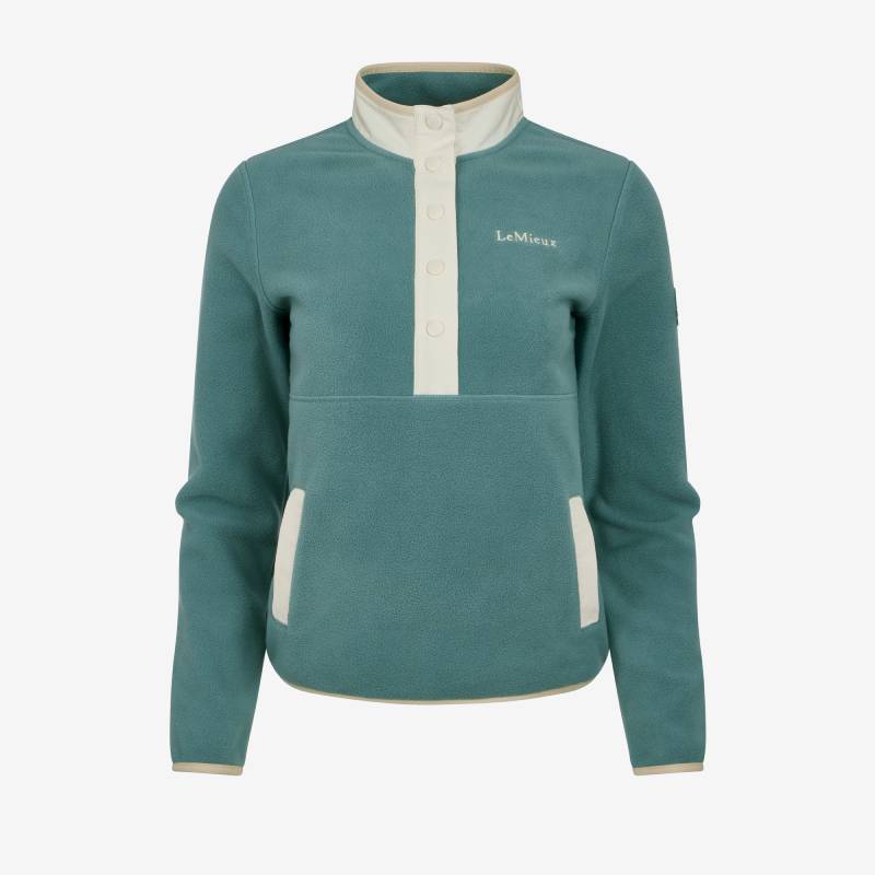 LeMieux Piper Popper Fleece Aloe: An aloe-green equestrian fleece pullover with cream trim.