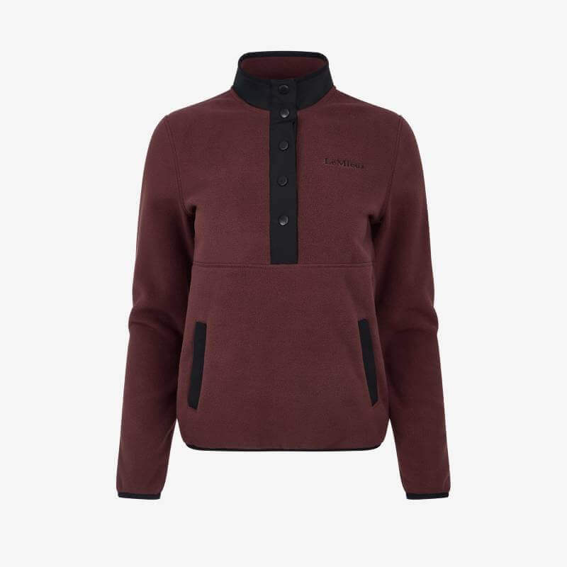 LeMieux Piper Popper Fleece Bramble pullover in maroon with black buttons on white background.