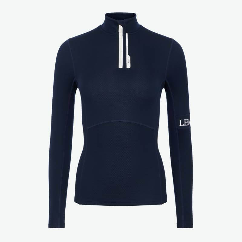 LeMieux Matila Midlayer Navy, lightweight with white half-zip and LEM logo.