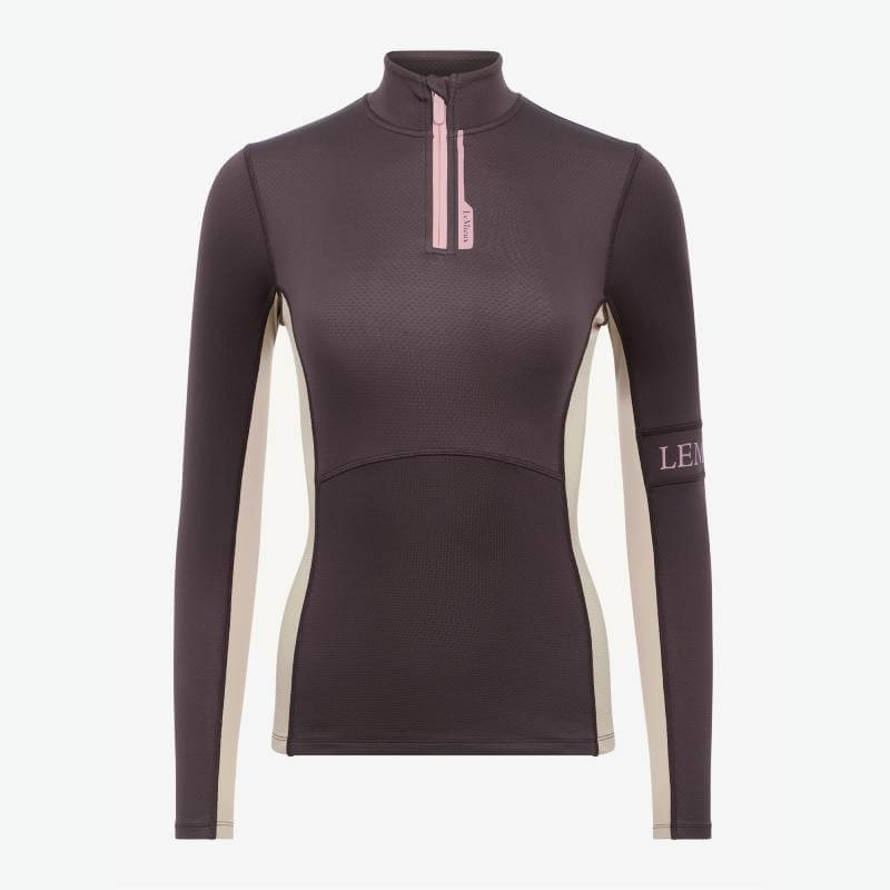 LeMieux Matila Midlayer Cocoa: Athletic long-sleeve top with technical fabric and pink-beige trim.