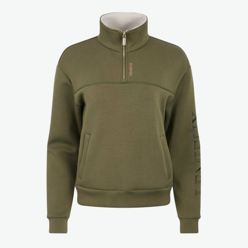 LeMieux Scarlet Quarter Zip Sweat in Willow Green with pockets, LE JOG text, high collar.