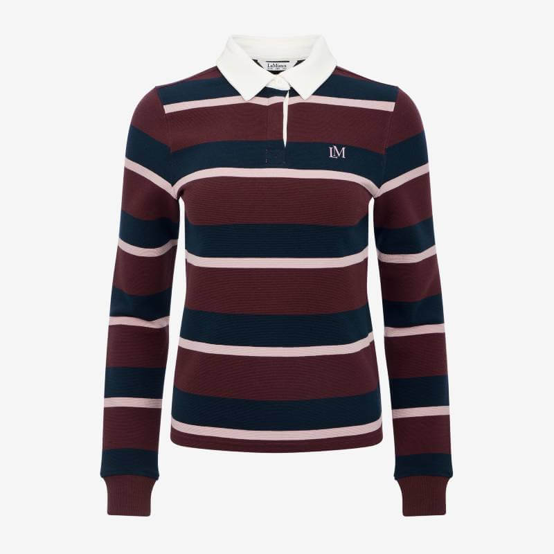 LeMieux Sloane Stripe Rugby Shirt Bramble: maroon, navy & pink stripes for equestrian style.