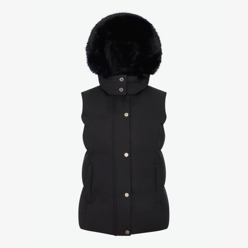 LeMieux Margot Hooded Gilet Black with fur trim, shown on white background. Brand: LeMieux.